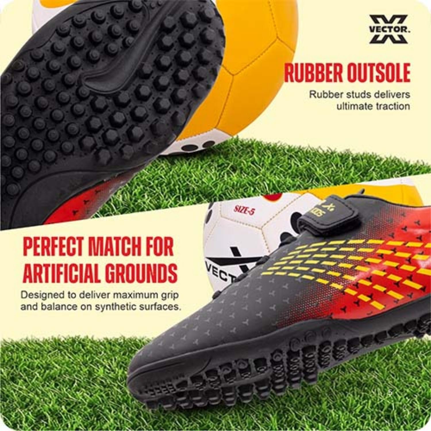 Vector X Kids Warrior Futsal shoe|Football Studs|Turf Soccer Shoes|Lightweight Synthetic Upper+ Rubber Outsole, Velcro Closure, Velcro Closure|Practice & Training Footwear Sports Boots for Boys (Black-Red, 1 UK) 3