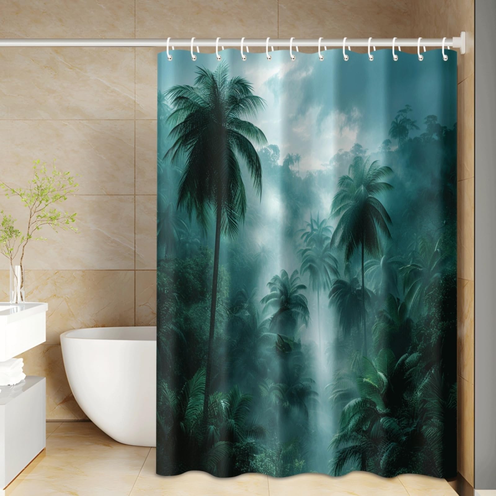 Rideau douche paysage vert lavable en polyester 180x200cm pour baignoire
