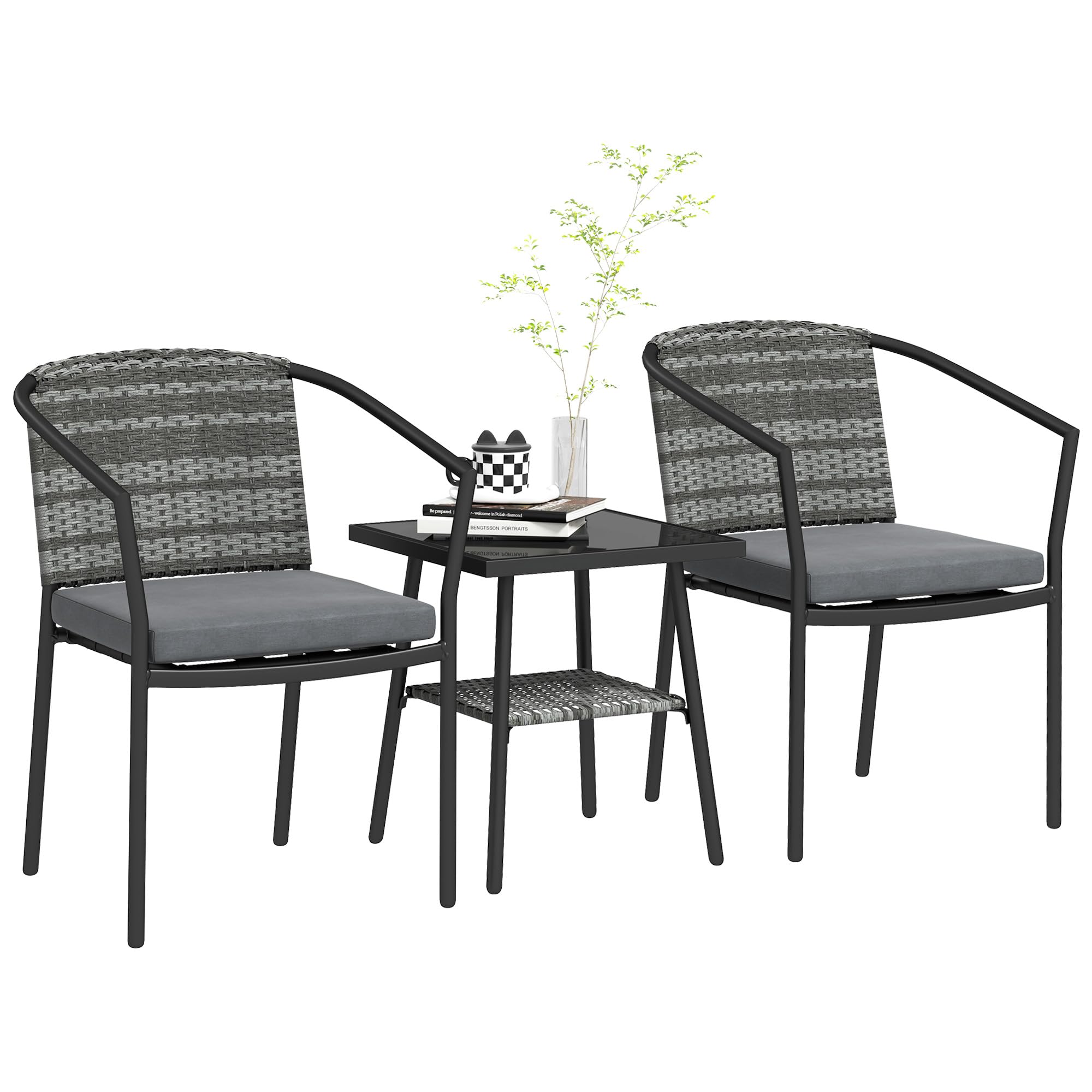 Outsunny 3 PCS Rattan Bistro Set - Grey - Coffee Table with Glass Top - Outdoor Patio Garden Furniture - Cushions Included