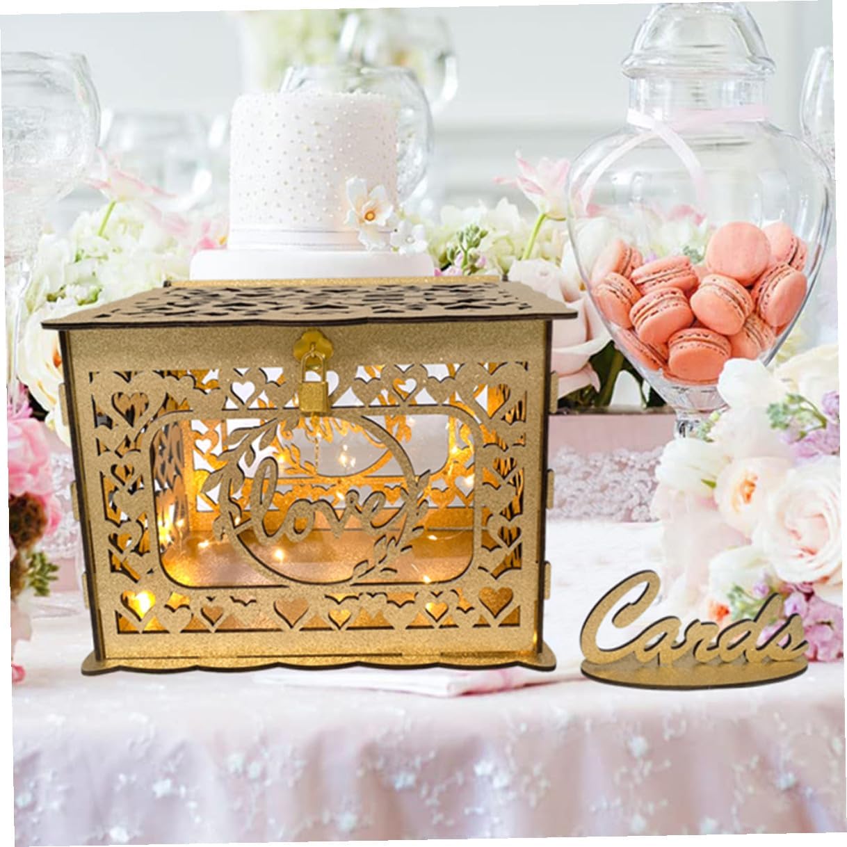 VICASKY Wood Hollow Card Box with Glitter, Portable Wedding and Anniversary Card Holder, Wooden Envelope Storage Box for Birthday and Valentine’s Day Decorations