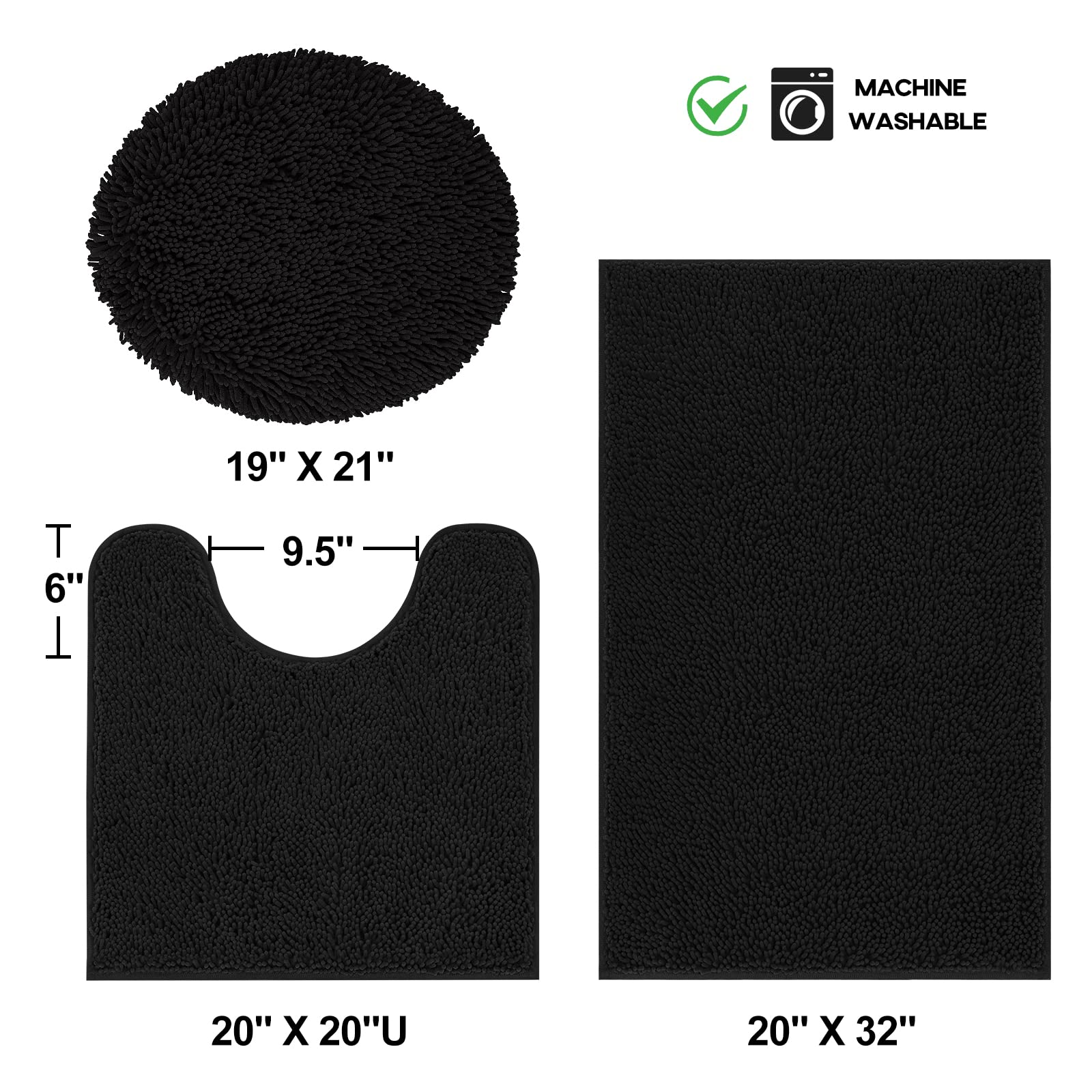 Set di 3 tappeti da bagno in ciniglia, extra morbidi e assorbenti | Tappetino da bagno 50,8 x 81,3 cm + tappetino per WC a forma di U+copricoperchio, nero, antiscivolo, lavabile in lavatrice e