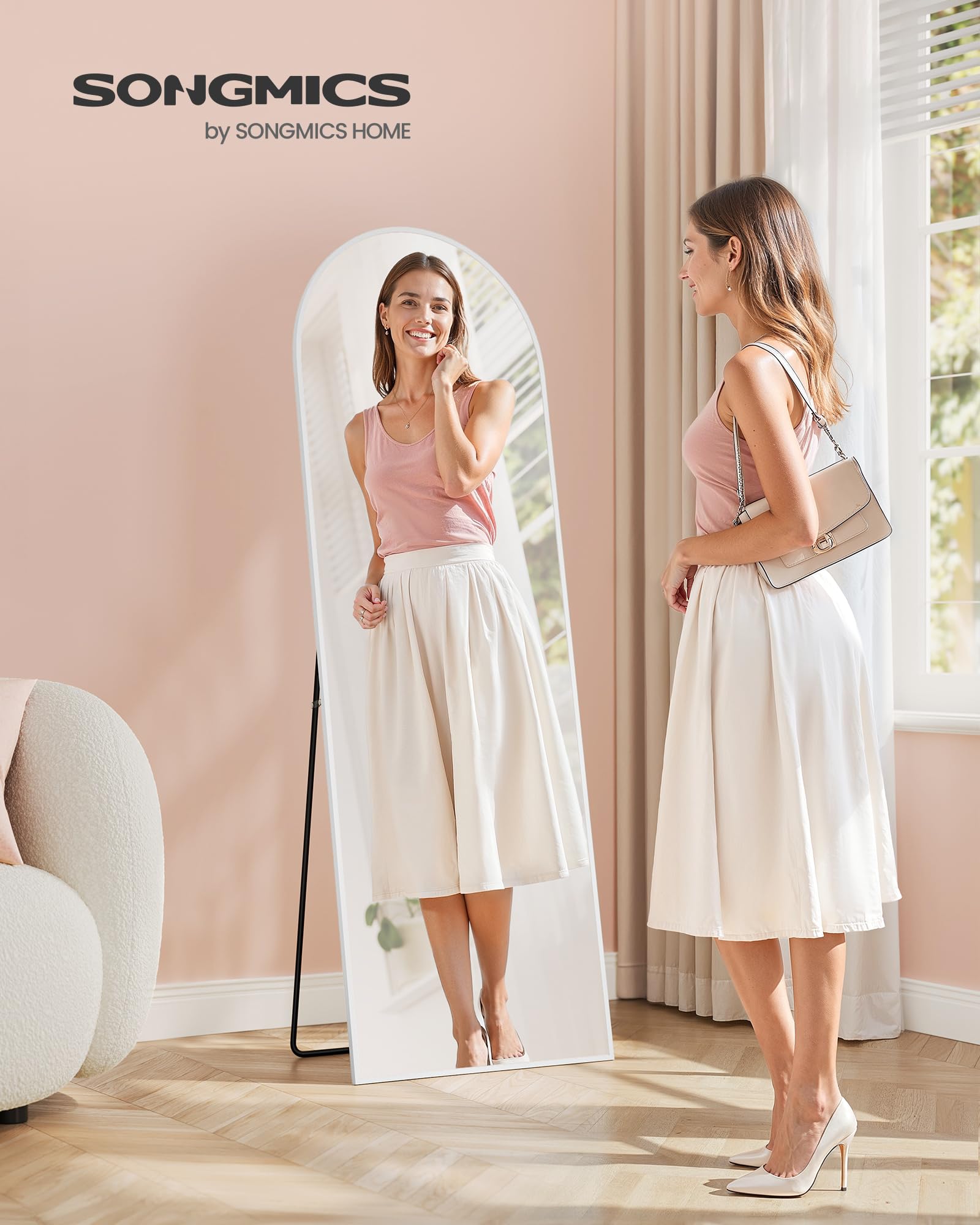 SONGMICS Specchio a Figura Intera, 160 x 50 cm, Specchio da Terra ad Arco con Supporto, Cornice in Lega di Alluminio, Vetro Temperato, Camera da Letto Soggiorno, Bianco Opaco LFM031WC01
