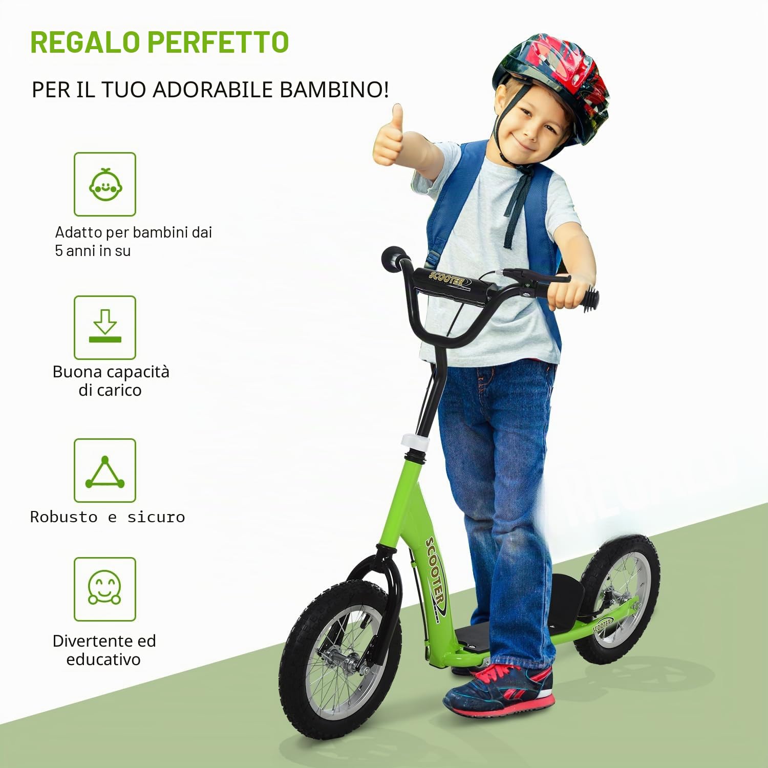 HOMCOM Monopattino per bambini 5+ anni ruote grandi Verde