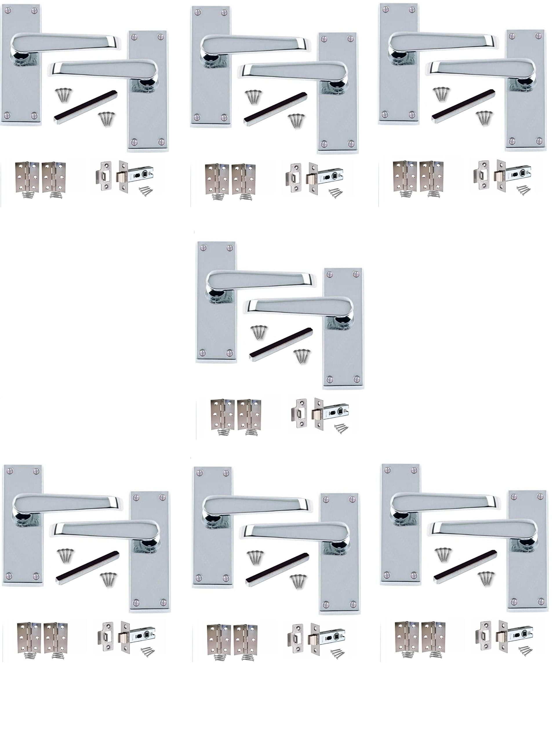 Golden Grace 7 Sets of Victorian Straight Latch Door Handles Polished Chrome Hinges & Latches Pack Sets 120MM X 40MM