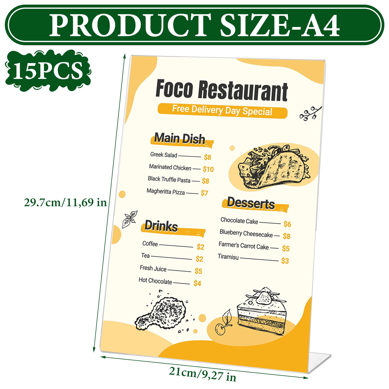15 espositori da tavolo in acrilico formato A4 verticale, porta menù A4, doppio lato, trasparente, in acrilico, 210 x 297 mm, per cartelli, volantini, ristoranti, ufficio e fiere