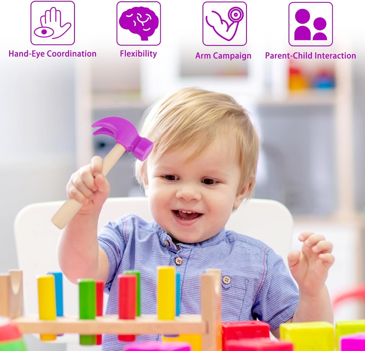 Wooden Hammer Toys Simulation Hammers Maintenance Tools Educational Toys for Kids Birthday Party Games Supplies (Purple)