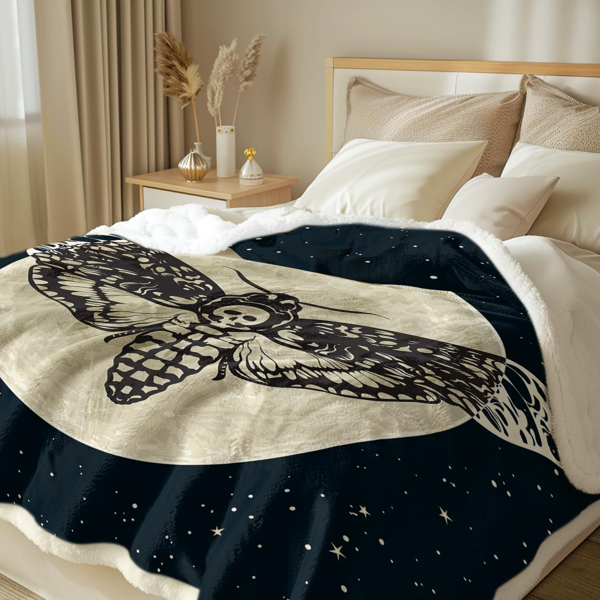 Sleepwish Death Moth Throw Blanket Hawk Moth Skull Sherpa Fleece Blanket Black Galaxy Star Print Blankets for Kids Teens Boys Men Gothic Halloween College Dorm Decor Baby(30