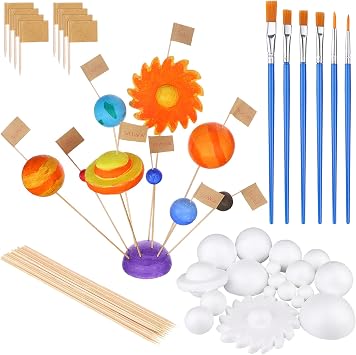 60 PCS Solar System Model Foam Ball Kit Includes 18 Mixed Sized Polystyrene Spheres Balls,18 Pieces Long Bamboo Sticks, 18 pieces Toothpick Flag, and 6 Pcs Painting Brushes for School Science Projects