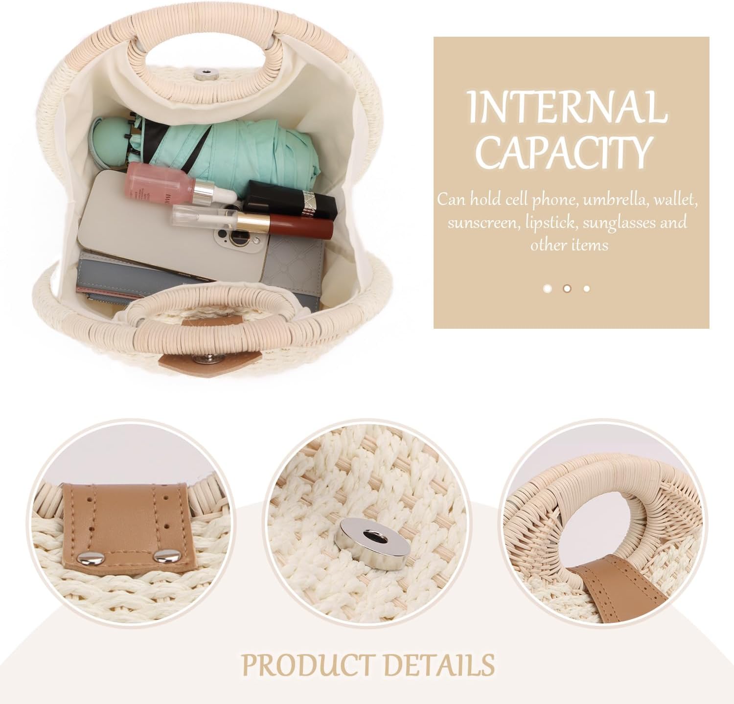 Ynport Straw Purses for Women Summer Beach Rattan Tote Bag Round Handle Ring Handbag Retro Handmade Woven Shell Bag