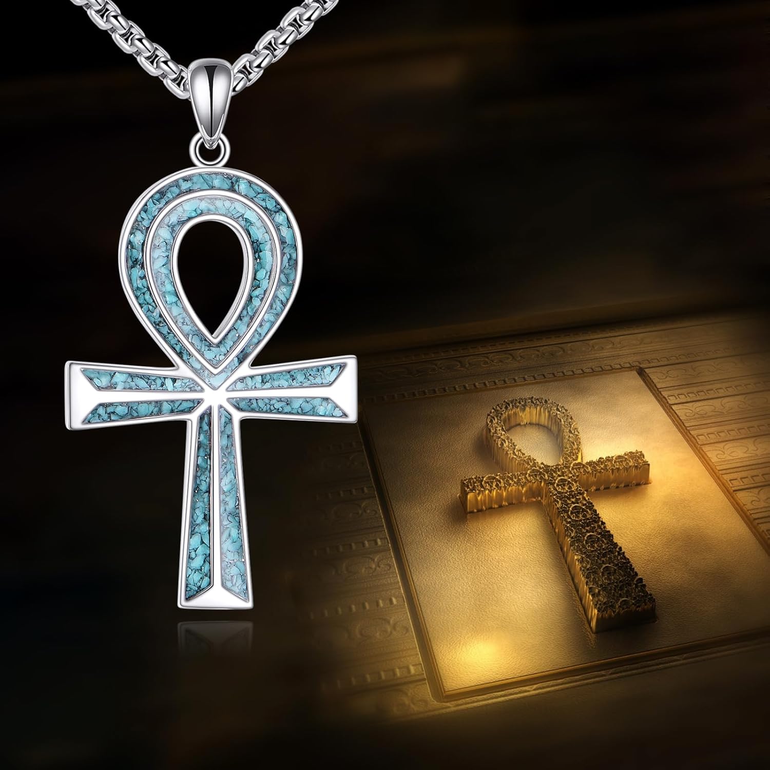 Ankh Cross Necklace Sterling Silver Egyptian Pendant Turquoise Jewelry Birthday Gift for Women Men - Image 3