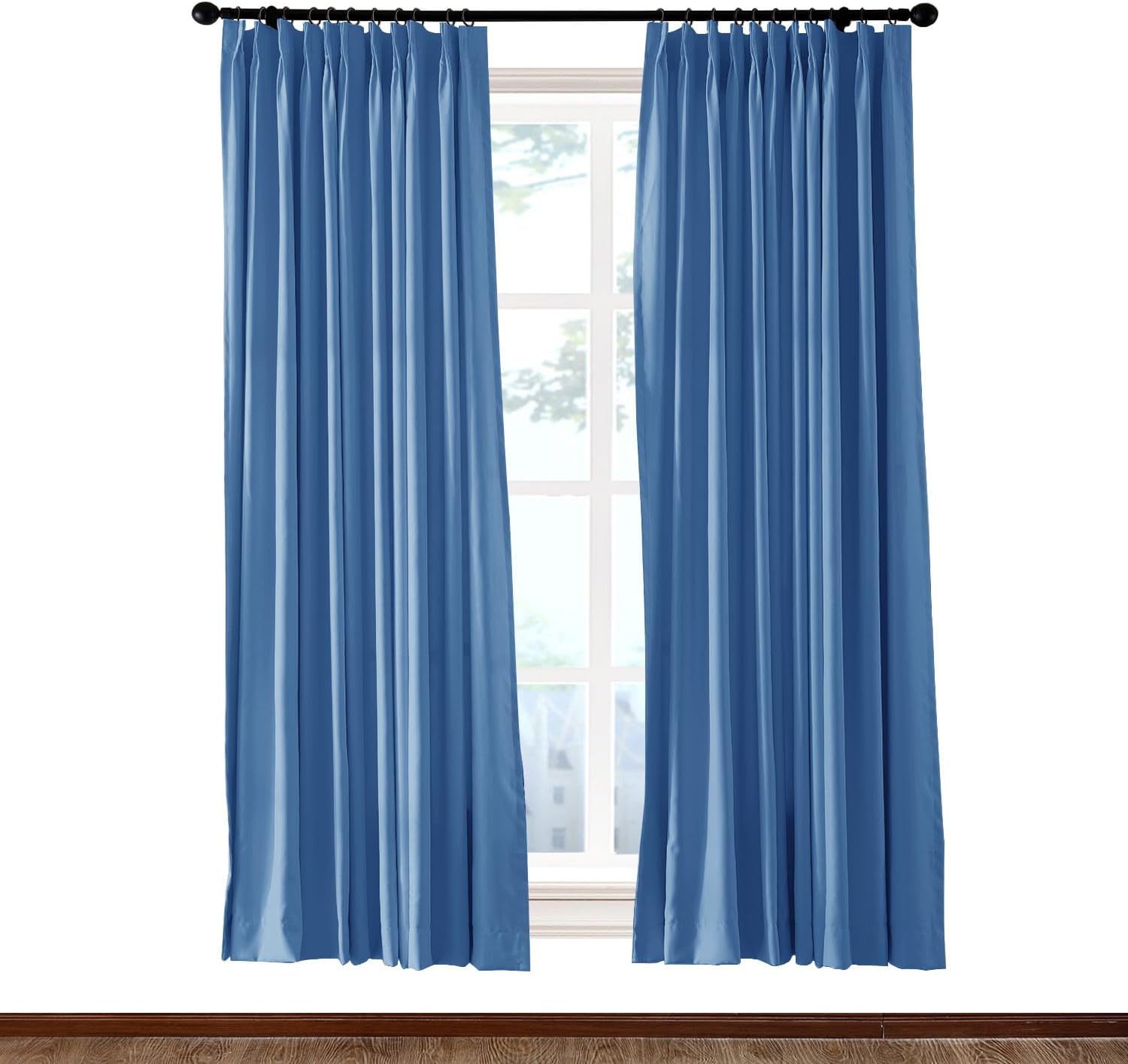 Macochico Extra Wide Inherent Flame Fire Retardant Blackout Curtains Pinch Pleat Panels for Home, Kitchen, Office, Hotel Drapes, Blue 150W x 102L Inch (1 Panel)