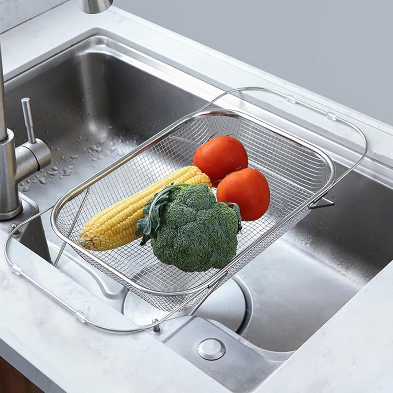 Expandable Over-The-Sink Colander Basket – Stainless Steel Fine Mesh Strainer for Fruits, Veggies, Pasta – Adjustable Kitchen Sink Strainer & Drainer–BPA-Free,Rustproof,Multipurpose Food Rinse Tool-image-20