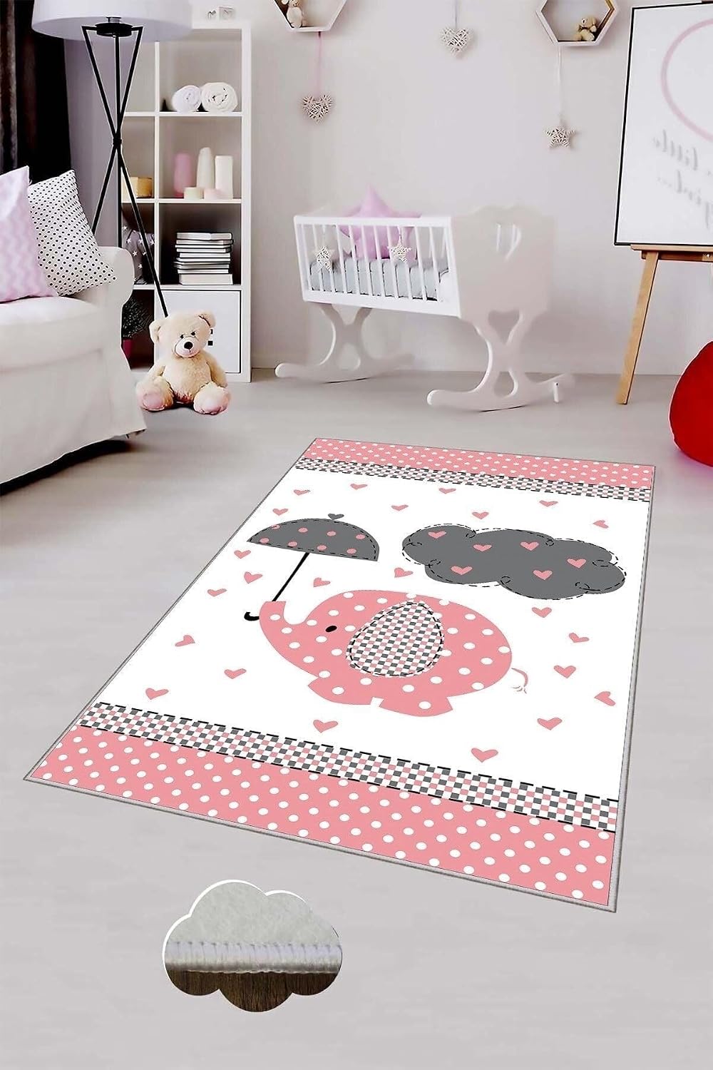 Pelangi Beyaz Fil Desenli Yıkanabilir Kaymaz Taban Leke Tutmazbebek Ve Çocuk Odası Halısı, Beyaz-Pembe 60 x 200