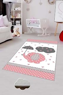 Pelangi Beyaz Fil Desenli Yıkanabilir Kaymaz Taban Leke Tutmazbebek Ve Çocuk Odası Halısı, Beyaz-Pembe 60 x 200