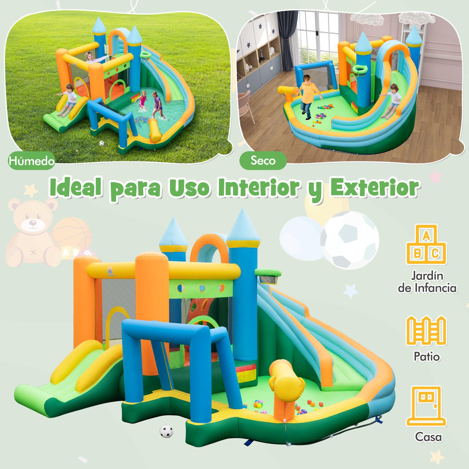 GOPLUS Castillo Hinchable Acuatico para Niños de 3-12 Años, Castillo Inflable 2 en 1 con Pared de Escalada, Cañón de Agua, Piscina, Baloncesto y Tobogán, Casa Inflables Infantil (A Sin Soplador)