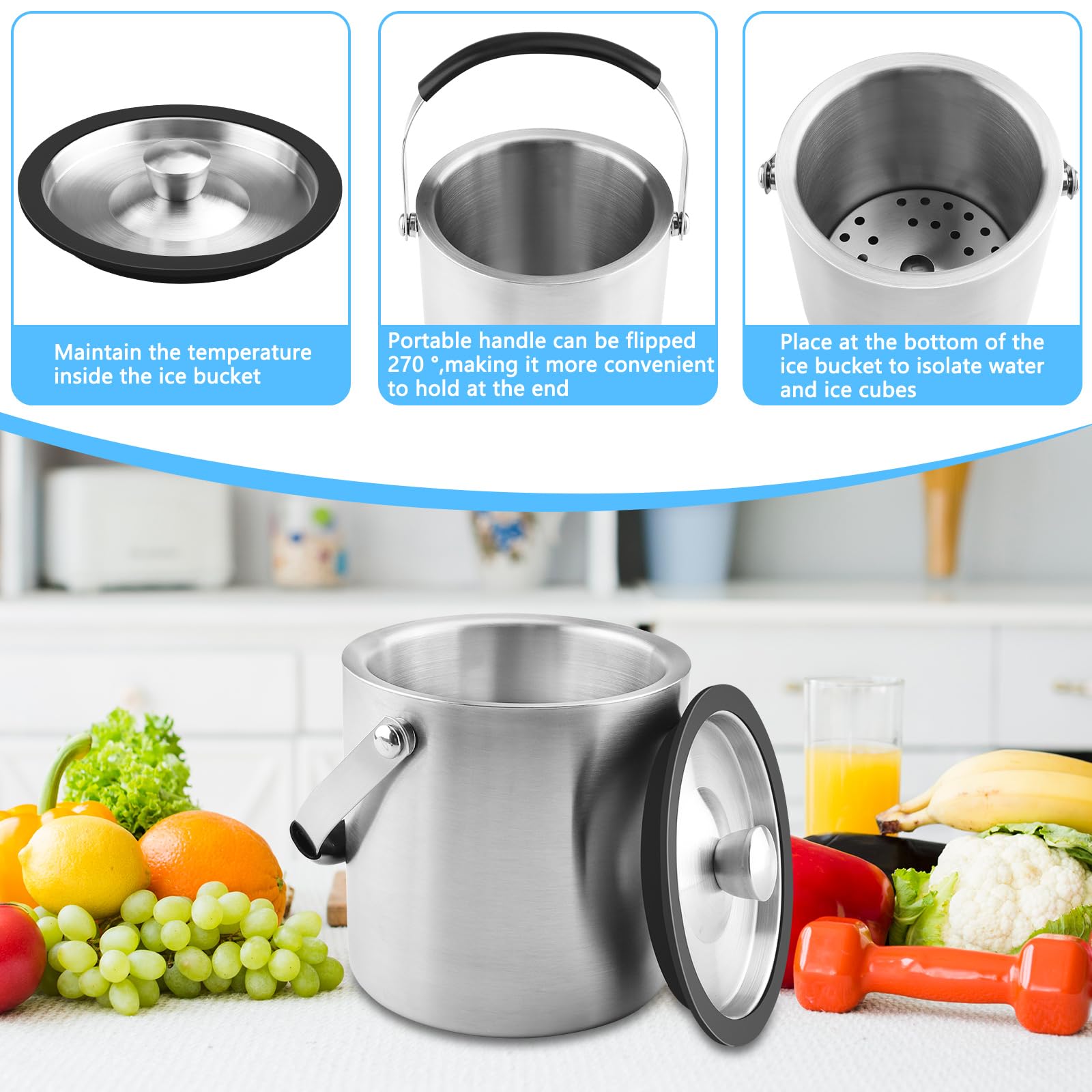 1.6L Cubitera Acero Inoxidable, Cubiteras para Hielo Grande con Diseño de Doble Pared, Cubitera con Tapa, Clips y Filtros Enfriadora de Botellas, para Bar de Cócteles, Fiestas, Champán