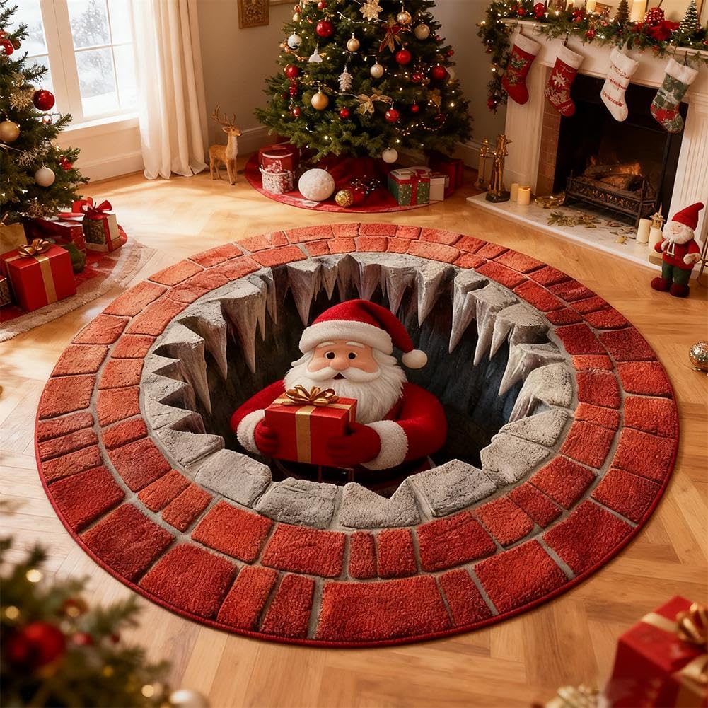 Christmas 3D Rug Christmas Optical Illusion Rugs Santa Claus Decorations 3D Rug Anti-Slip Xmas Carpet AreaRug for Entryway