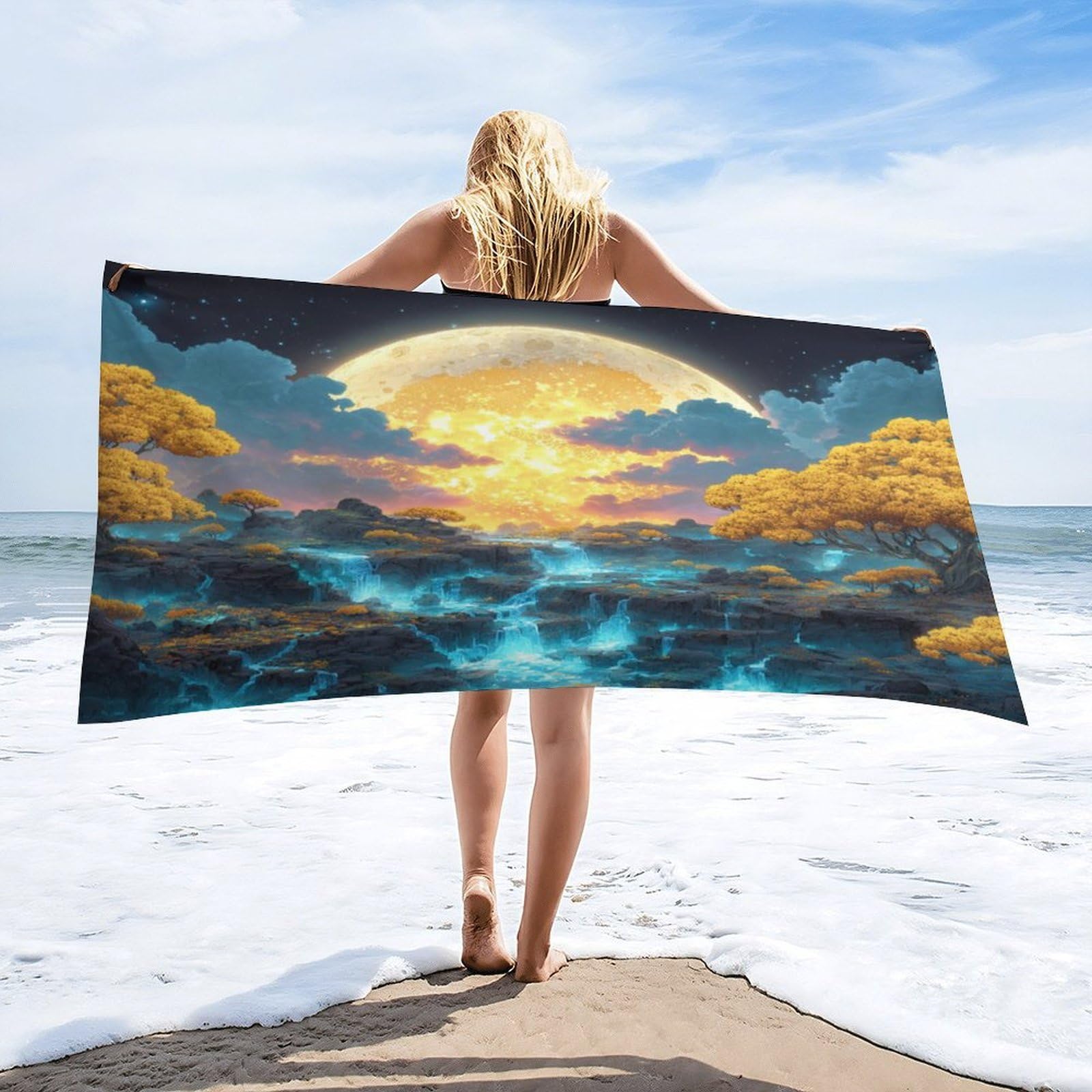 Luyysky Fantasy Abstract Fairy Waterfall Absorbent Beach Towel, Vintage Romantic Full Moon Enchanted Forest Pattern Outdoor Single-Sided Velvet Beach Towel-80 W Cm X 160" L Cm