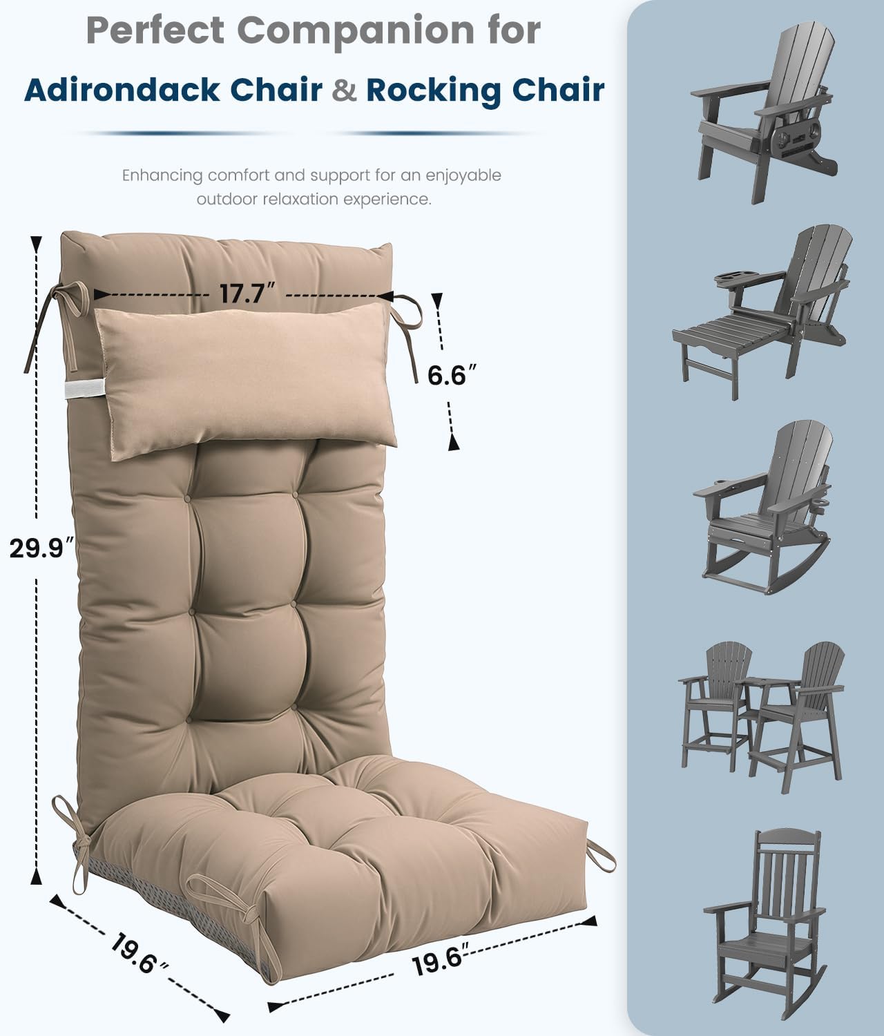 FOOWIN Rocking Chair Cushion Set of 2, Thickened Outdoor Chair Cushion,30×19.6×5.14 Inches, Rocking Chair Cushions Outdoor with Headrest and Ties, UV-Protected for Indoor Outdoor, Khaki