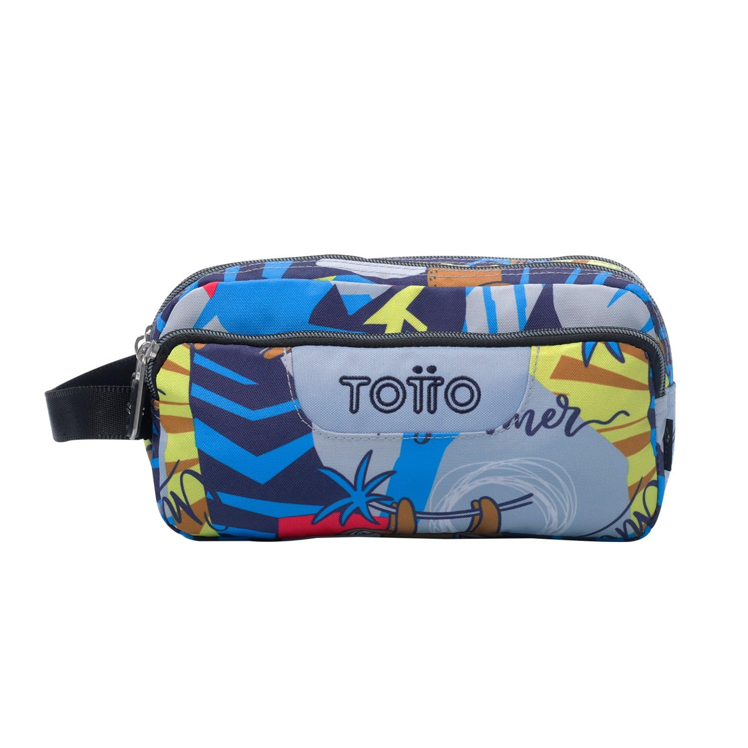TOTTO - Estuche Escolar 3 Compartimentos, Modelo Agapec, Estuche Grande, Dimensiones 23 x 11.5 x 10.5 cm, Asa Lateral, Tiradores Ergonómicos con PVC, Tejido Resistente, Estampado Lazel