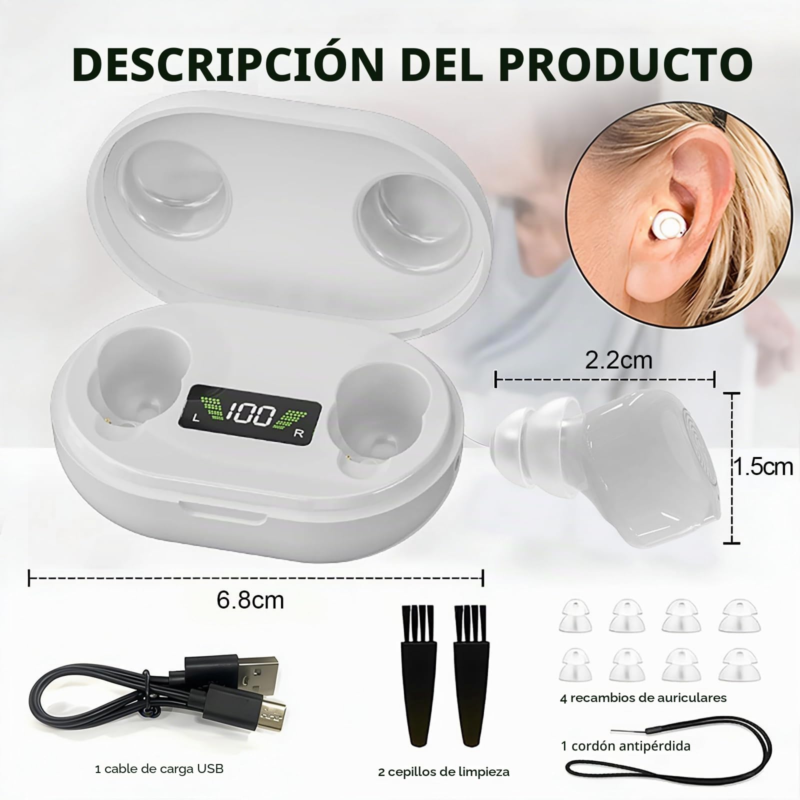 Dispositivo de sonido recargable para personas mayores y adultos, dispositivo de audio digital con auriculares intrauditivos ligeros de 3.2 g, encendido antiaullidos, controles táctiles y funda de