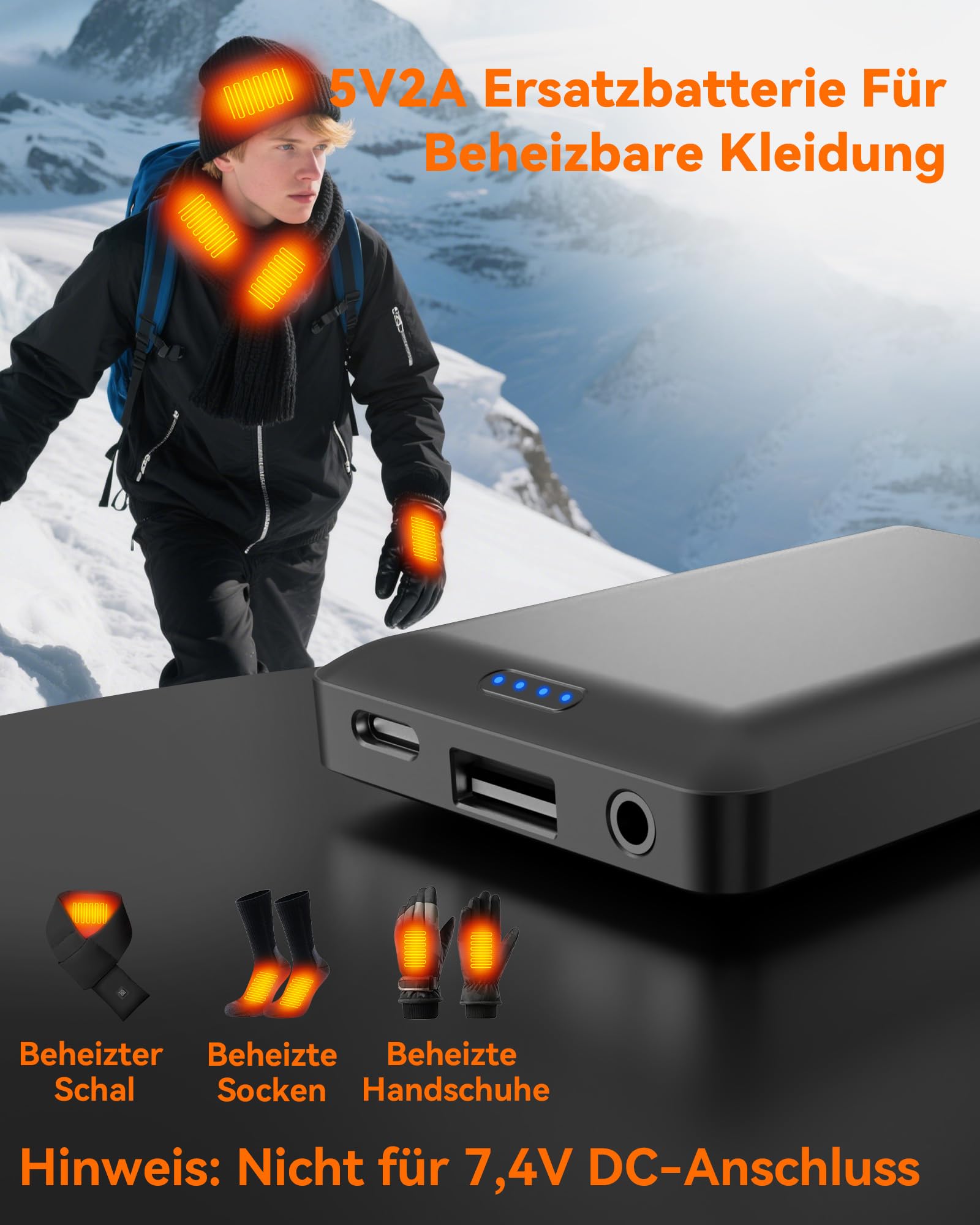 Lot de 2 batteries 5000 mAh 5 V CC pour gants chauffants, chaussettes, chaussons, bonnet, écharpes – Batterie de rechange rechargeable par USB pour vêtements chauffants