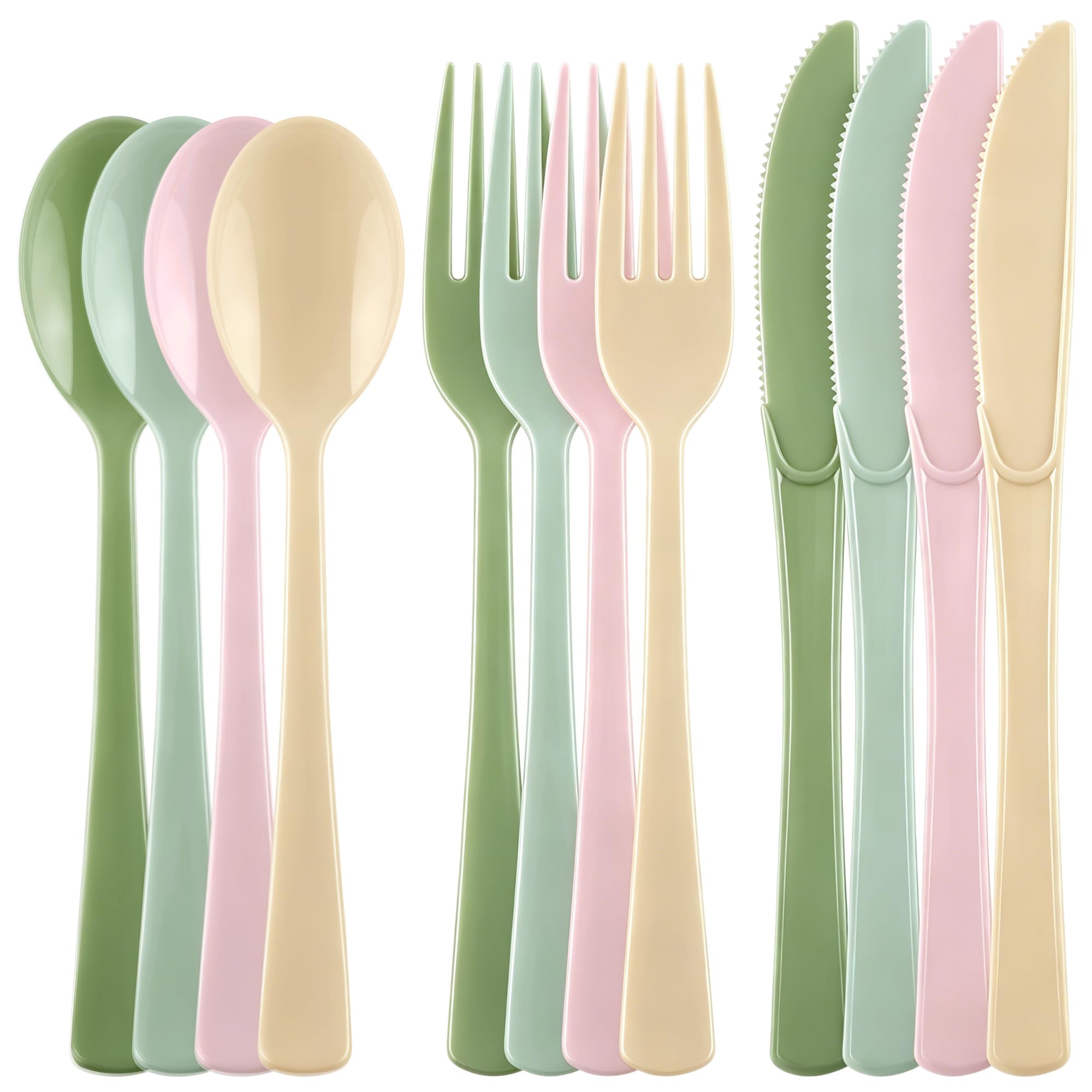 Kochorie 300 Pieces Sage Green and Pink Plastic Silverware, Disposable Plastic Utensils, Heavy Duty Cutlery Set Heavyweight Flatware Includes Spoons Forks Knives for Birthday Wedding Party Supplies