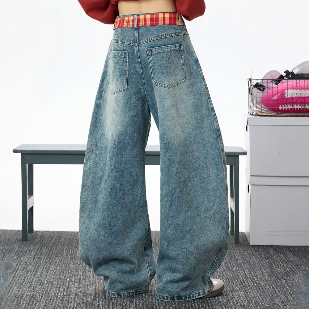 Women's High Waisted Wide Leg Baggy Washed Jeans Vintage Blue Checkered Star Patches Distressed Denim Pants - Image 6
