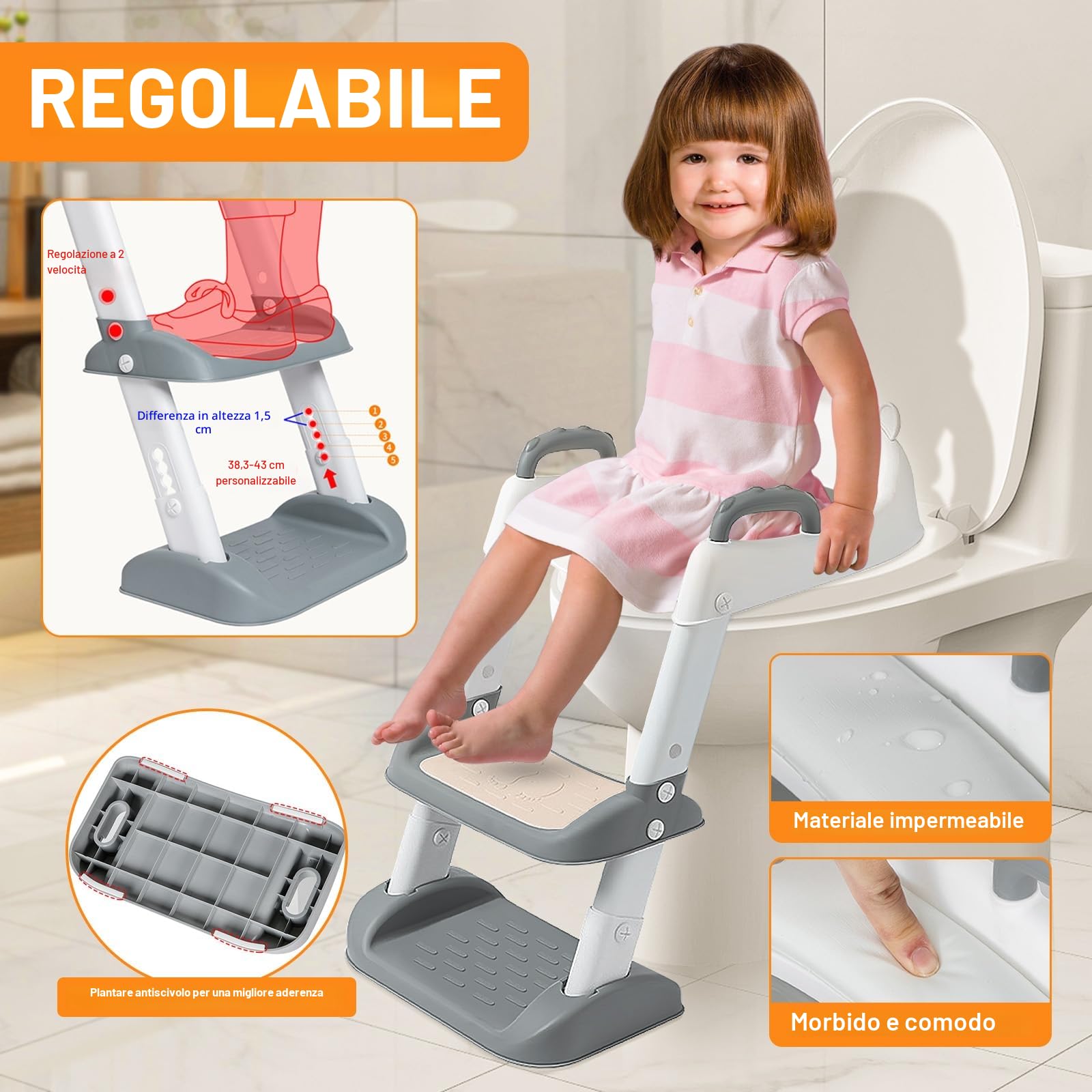 Riduttore WC Bambini, Scaletta WC per Bambini Pieghevole, Vasino Bambini con Scaletta, 2 in 1 Sedile WC con PU Morbida Seduta Adatto per Imbottita maschi e femmine Tazze WC a V, U, O (Grigio)