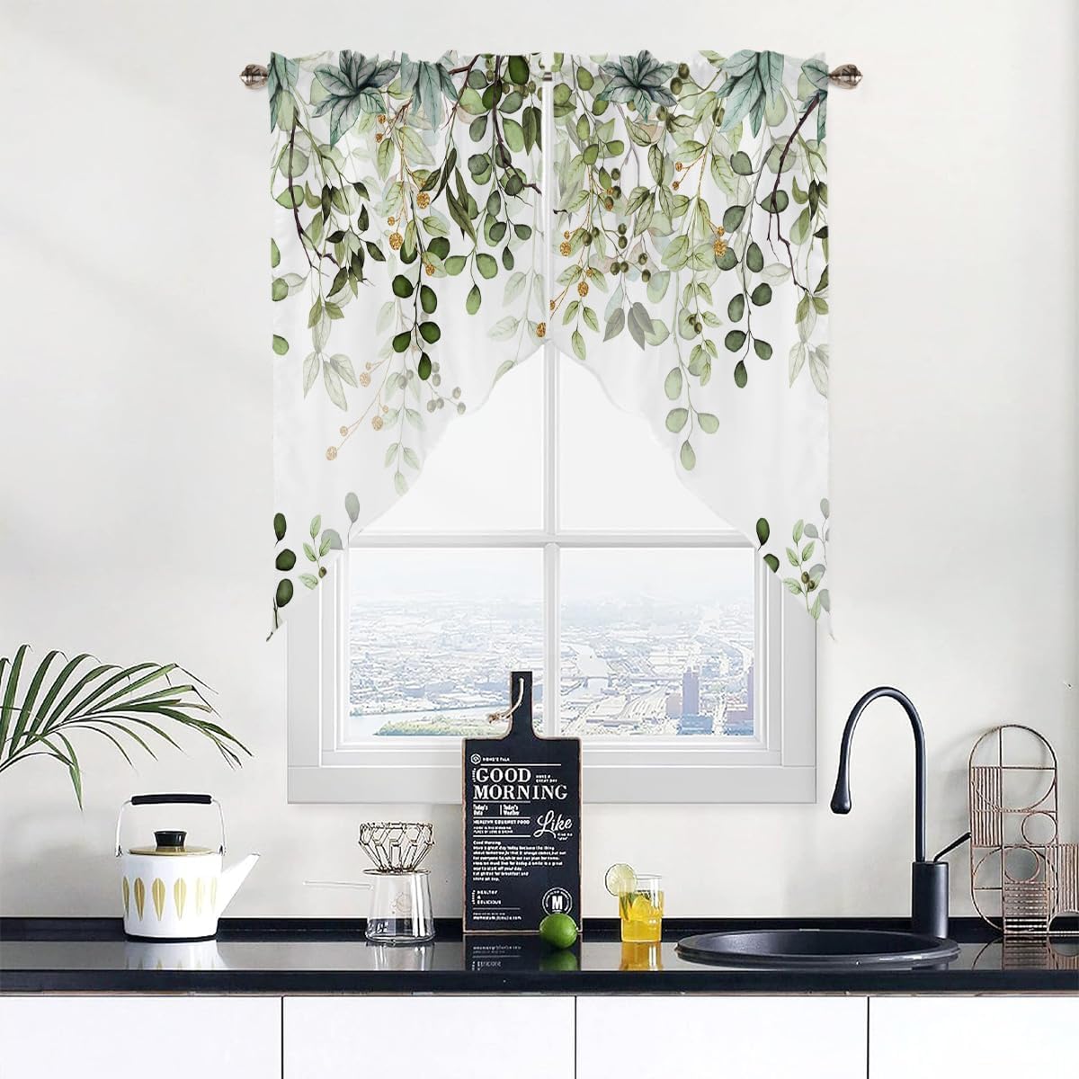 BEMIGOSwag Valances for Windows, Elegant Spring Leaf Plant Rod Pocket Kitchen Window Curtains Over Sink, Green Gold Window Curtain Panel Swag Curtains Valences, 36 Inches Length