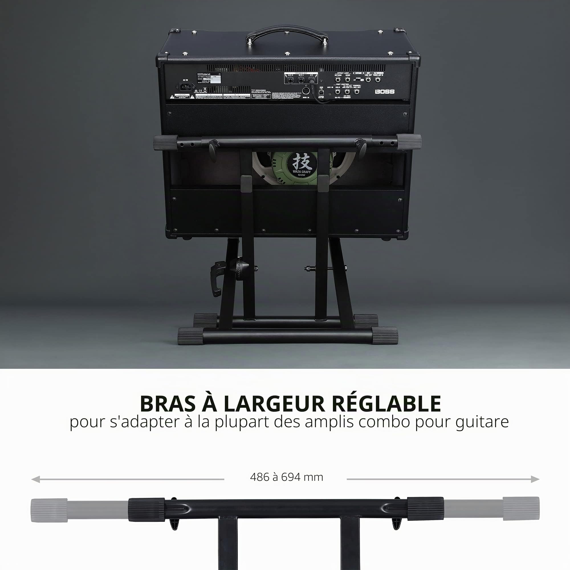 BOSS Support d'ampli à inclinaison réglable BAS-1 avec bras de support télescopique, pour amplis guitare combos ouverts ou fermés. Se replie à plat pour le stockage et le transport.