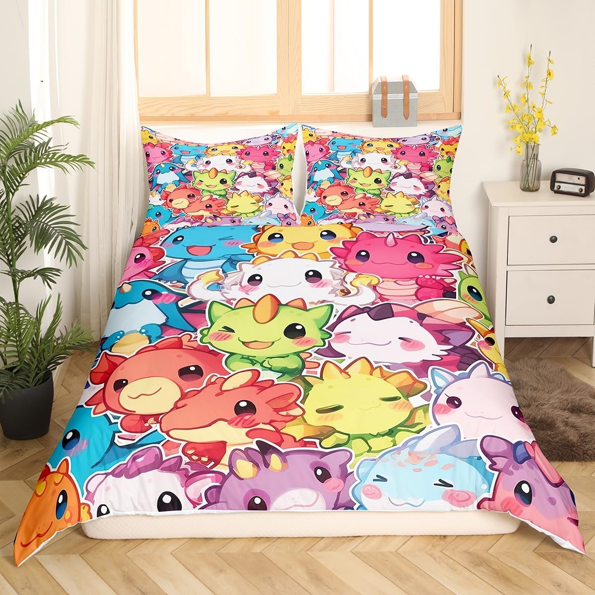 Cute Dino Duvet Cover Set Toddler Size,Cartoon Dinosaur Bedding Set for Kids Girl Boys Room Decor,Kawaii Animal Watercolor Comforter Cover 2Pcs,Wildlife Dinosaur Pattern Bedspreads Cover,1 Pillowcase