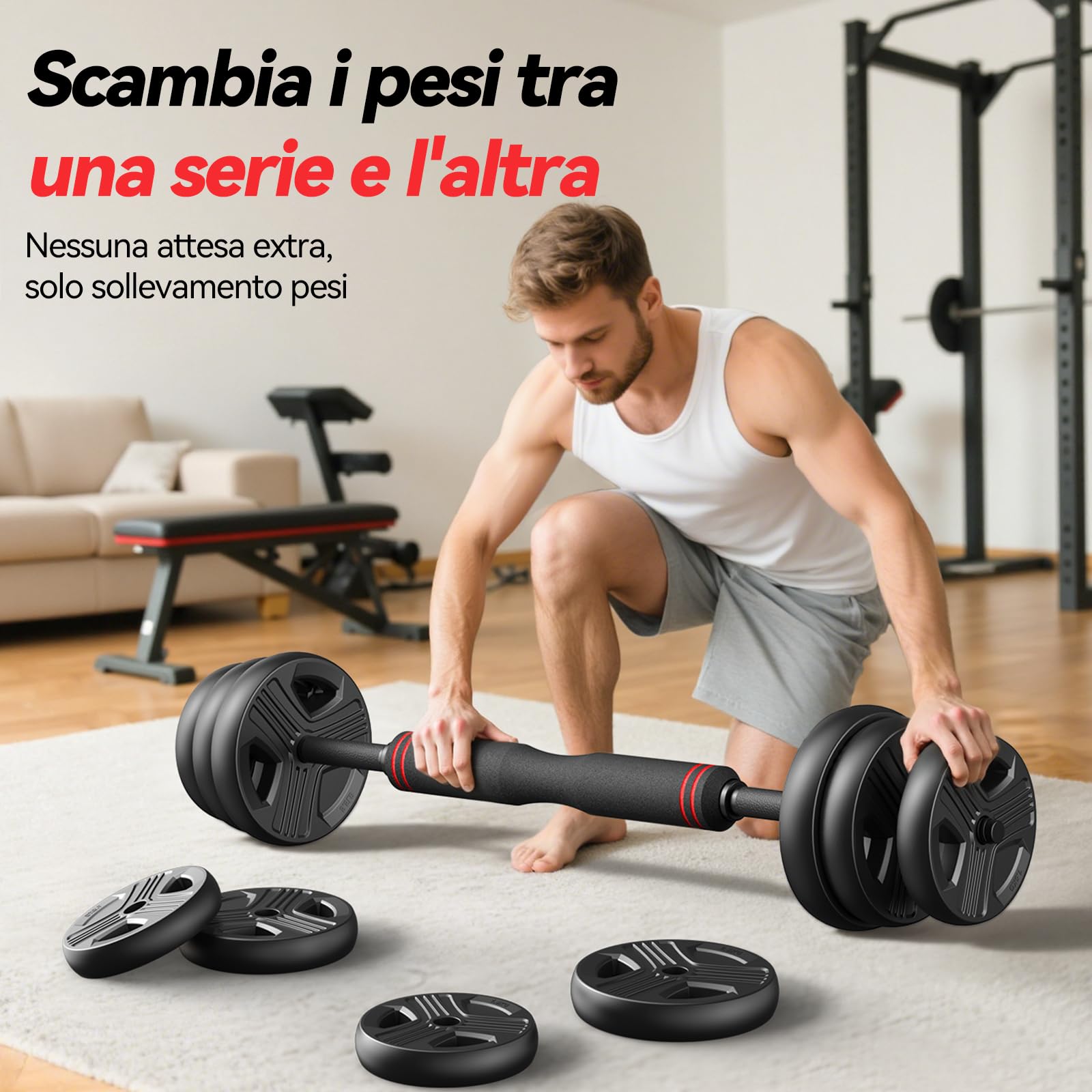 Set di 2 Manubri Regolabili, 10/15/20/25/30/40 kg, Set di Pesi con Dado Rinforzato, Set di Pesi 5 in 1 Utilizzabile Come Kettlebell, Bilanciere e Supporto per Flessioni