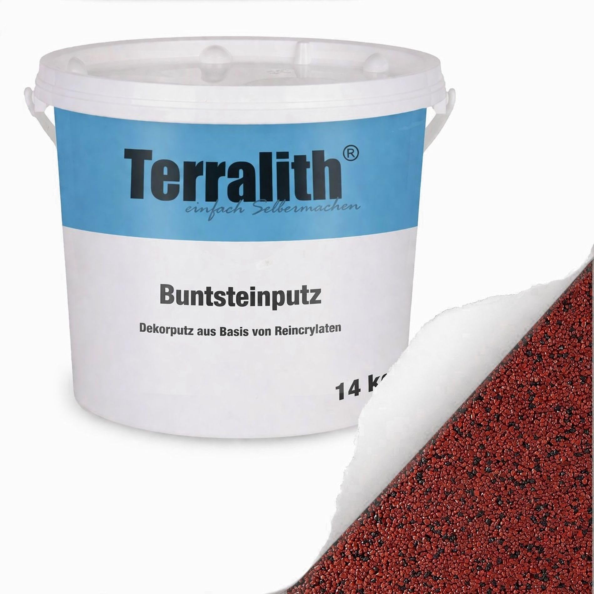Terralith Buntsteinputz 14kg in rot, Sockelputz für Innen und Außen mit Reinacrylat Bindemittel aus Naturstein, 1-2mm Körnung (BSP06)
