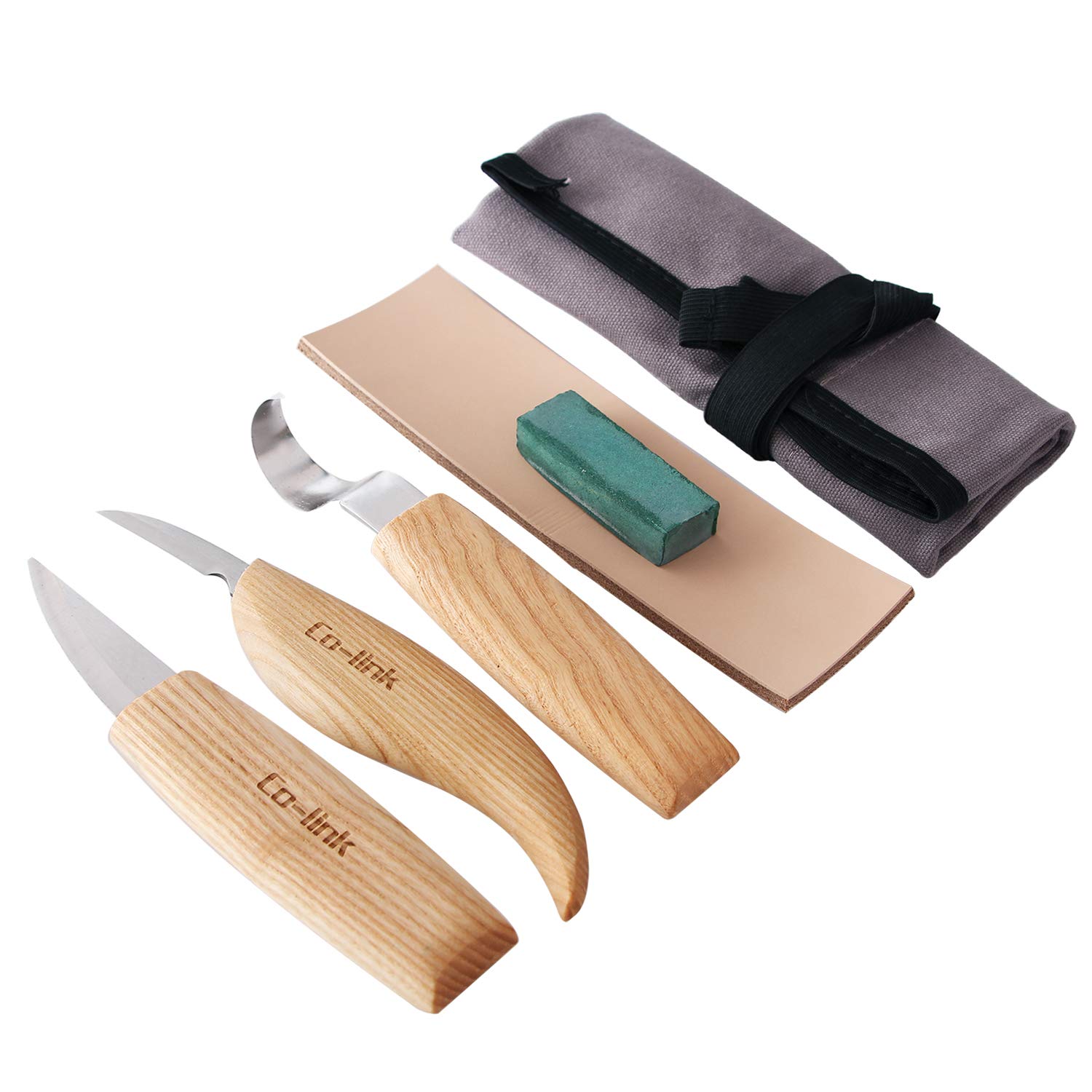 Cuchillo de Gancho de Talla de Madera para tallar cucharas Tazones Kuksa y Tazas, Herramientas de Tallado de Cuchara para diestrus Viene con un compuesto de pulido de cuero y una bolsa de tela