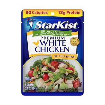 StarKist 25% Less Sodium Premium White Chicken, 2.6oz Pouch, 12-Pack | 13g Protein Per Serving, Fully Cooked White Meat, Gluten Free, No Draining, Ready to Eat for Salad and Sandwiches