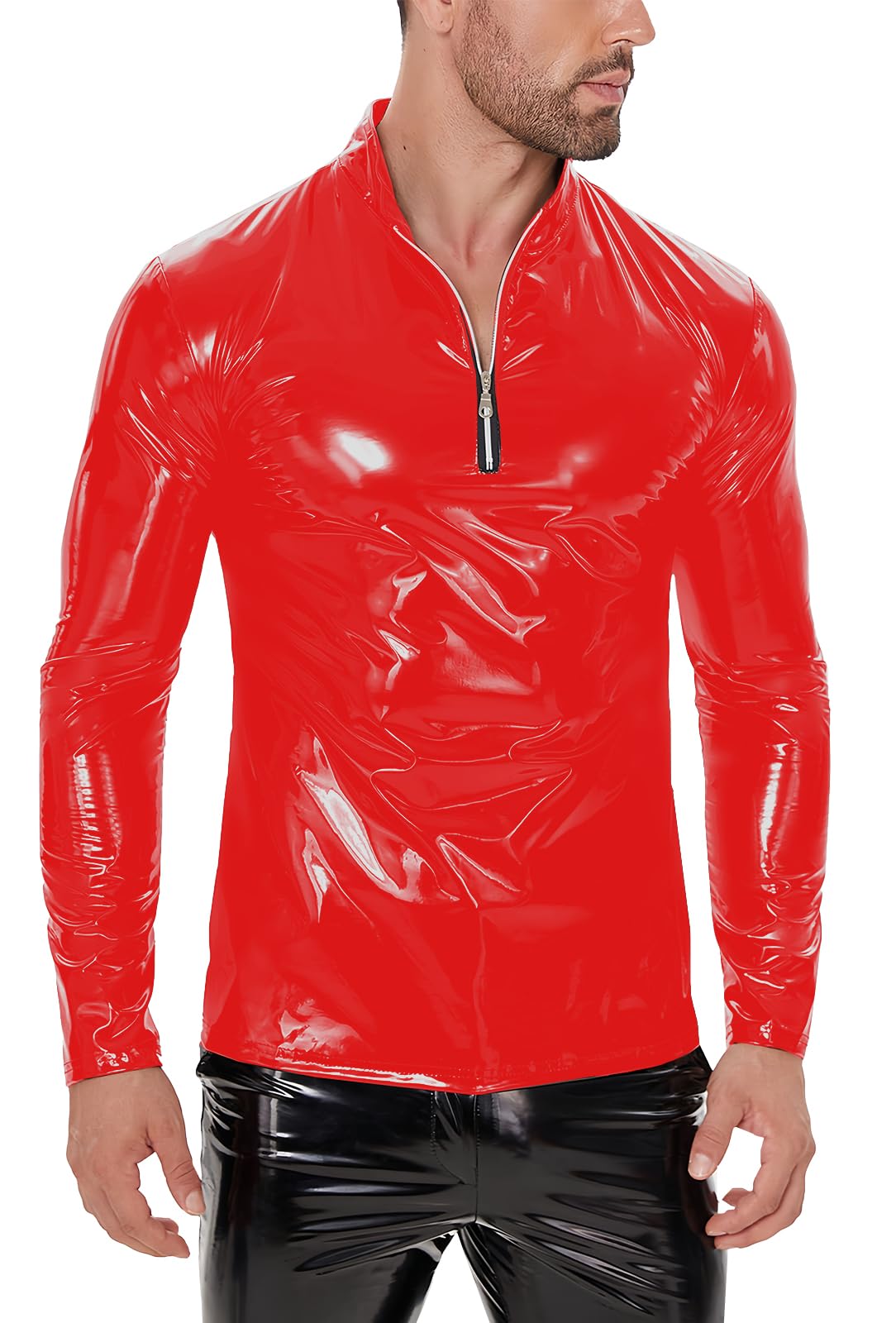 Panegy Men's Liquid Shiny Leather Shirt Jacket Slim Fit Wetlook Party Nightout Club 70s/80s Disco Blouse Tshirt