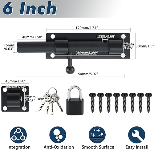 Miniatura 2 de Alise Pestillo de puerta deslizante con candado, pernos de barril resistentes de 6 pulgadas, herrajes de puerta de doble cara para valla de madera,