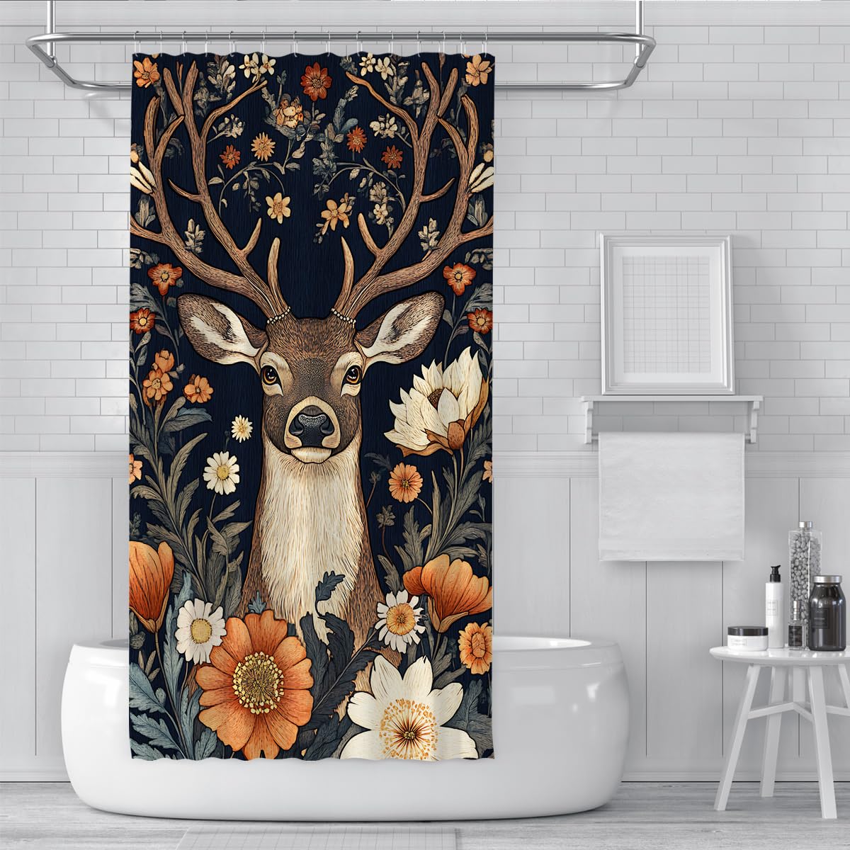 Zasłony prysznicowe Vintage Deer W150 x szer. 200 cm Kwiatowy projekt botaniczny lekki łatwy w pielęgnacji poliester wodoodporny zmywalny wystrój łazienki domu hotelu