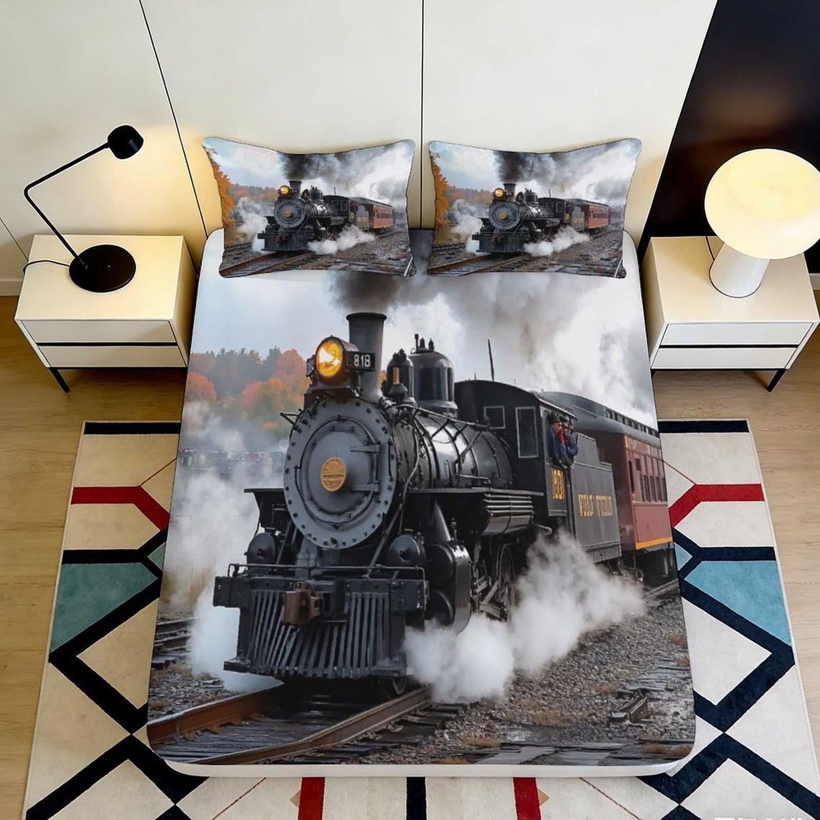 3D Printed Steam Train Fitted Sheet Microfiber Grey Black Locomotive Mattress Cover for Bedroom Guest Room Decoration 90x200x25cm