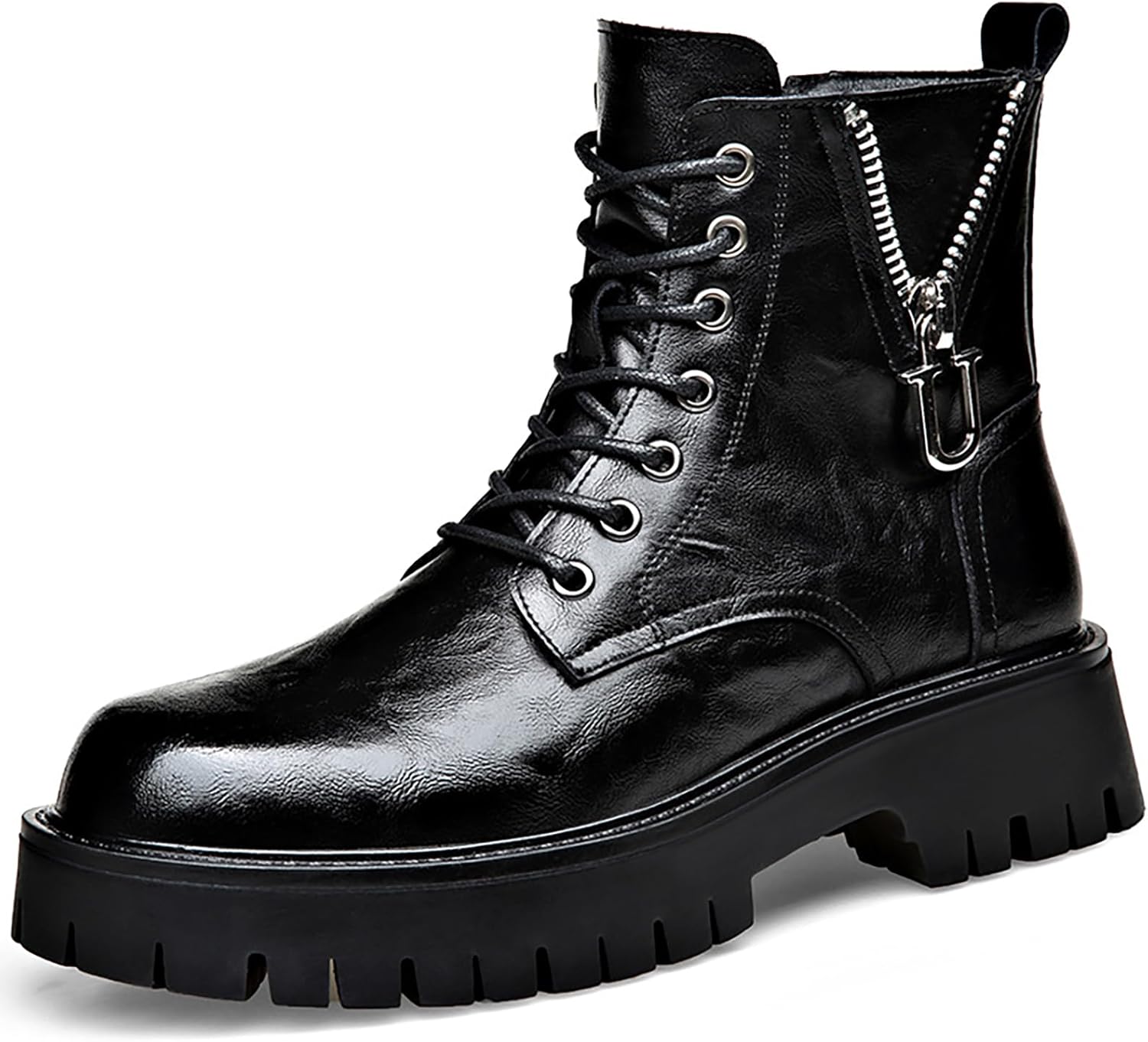 Men'S Genuine Leather Platform Combat Boots Fashion Lace Up Side Zipper Lug Sole Non-Slip High Top Motorcycle Boots Comfort Outdoor Waterproof Soft Sole Work Ankle Booties