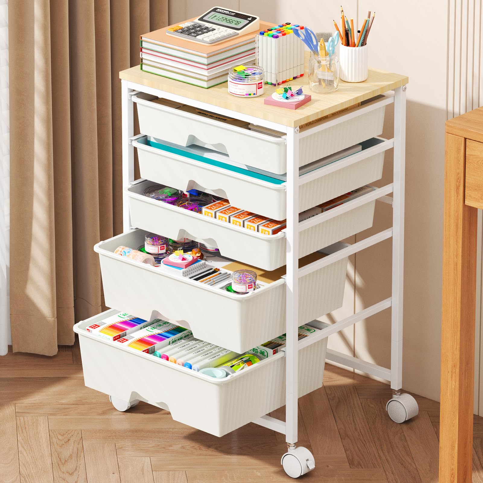 Goovilla Rolling Cart with Drawers, Utility Cart Organizer With 5 Removable Drawers and Wooden Tabletop, Lockable Rolling Storage Organizer for Art, Classroom, Home, Dorm, Office, Craft Storage, White