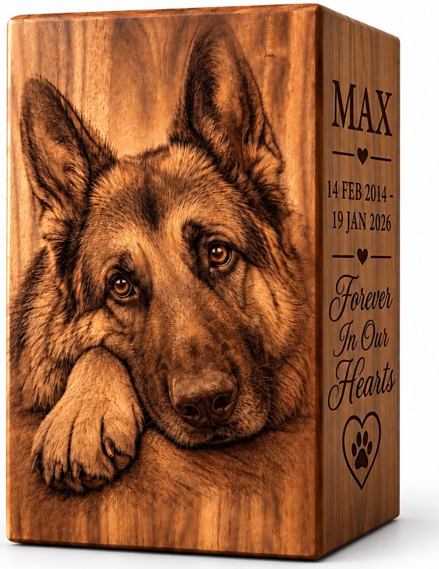 Personalized Pet Urn for Dog & Cat Ashes, Custom Engraved Wooden Memorial