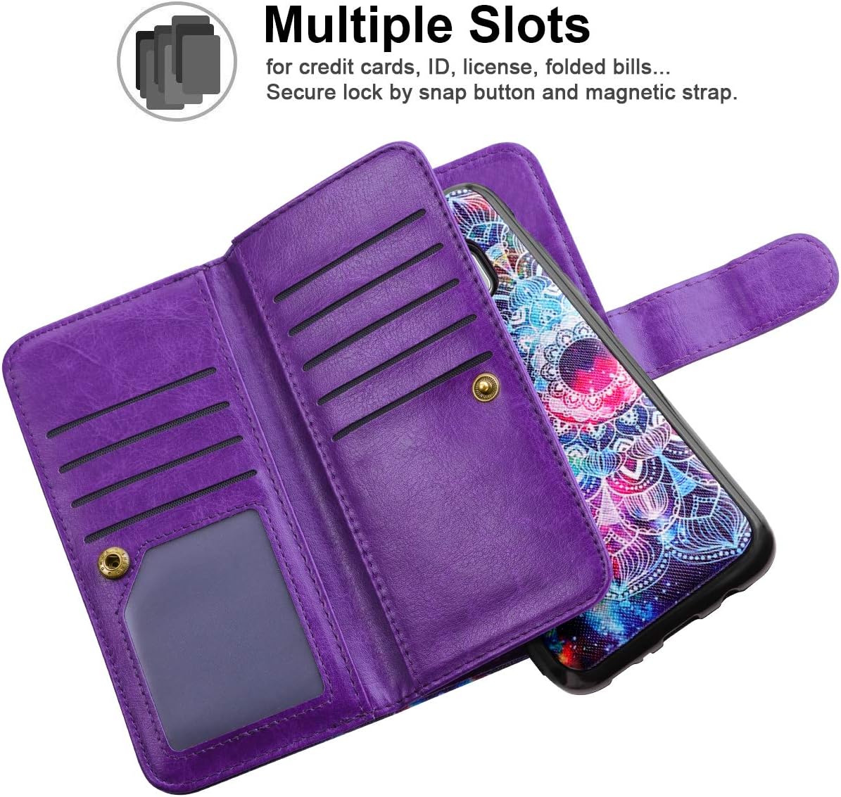 Vofolen 2-in-1 Case for Galaxy S8 Case Wallet Credit Card Holder ID Slot Detachable Strap Hybrid Protective Slim Hard Shell Magnetic PU Leather Folio Pocket Flip Cover for Galaxy S8 Mandala Purple