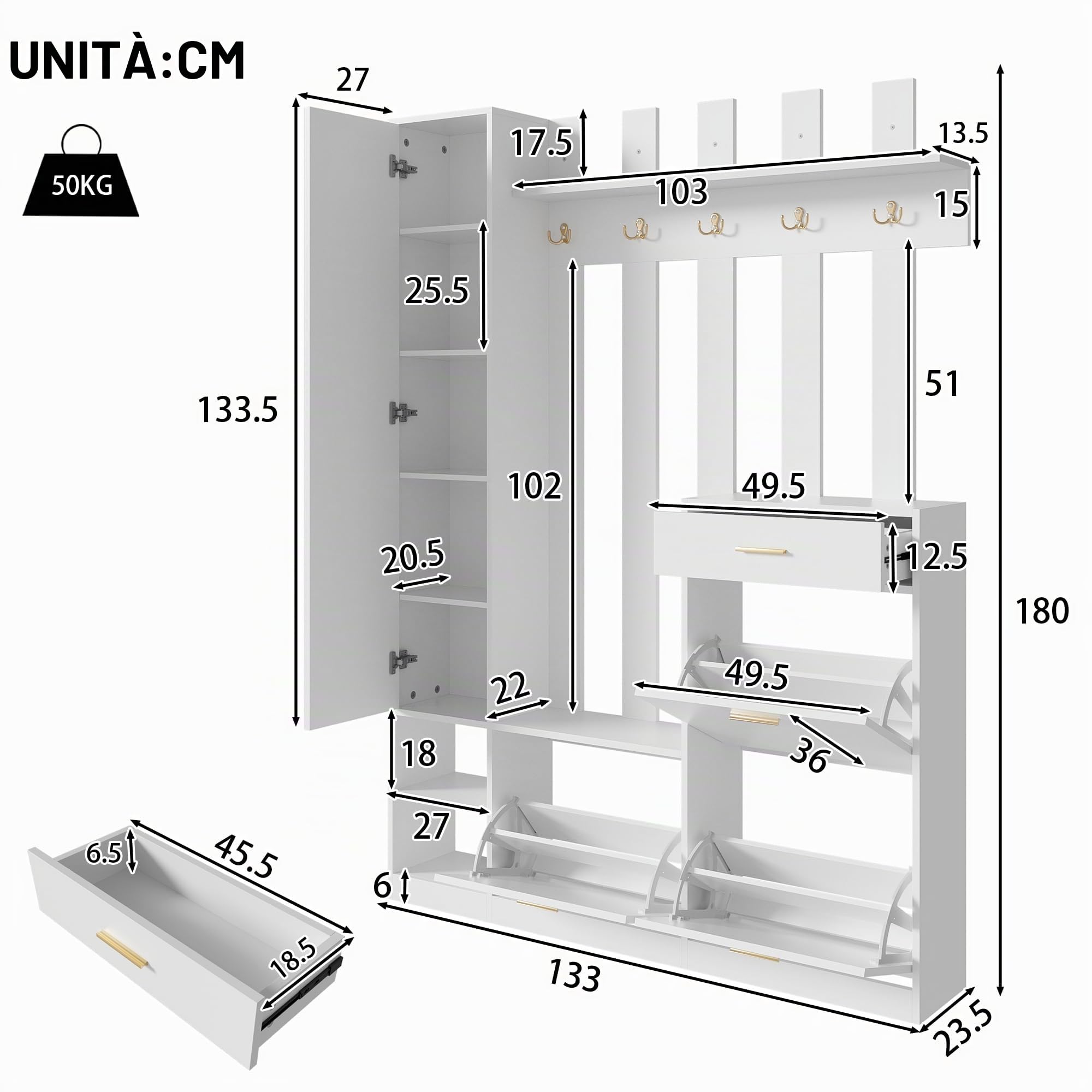 133 x 23,5 x 180 cm, set di guardaroba per corridoio, con specchio, 3 scarpiere, 1 cassetto e molti ganci, per corridoio, ingresso (bianco)