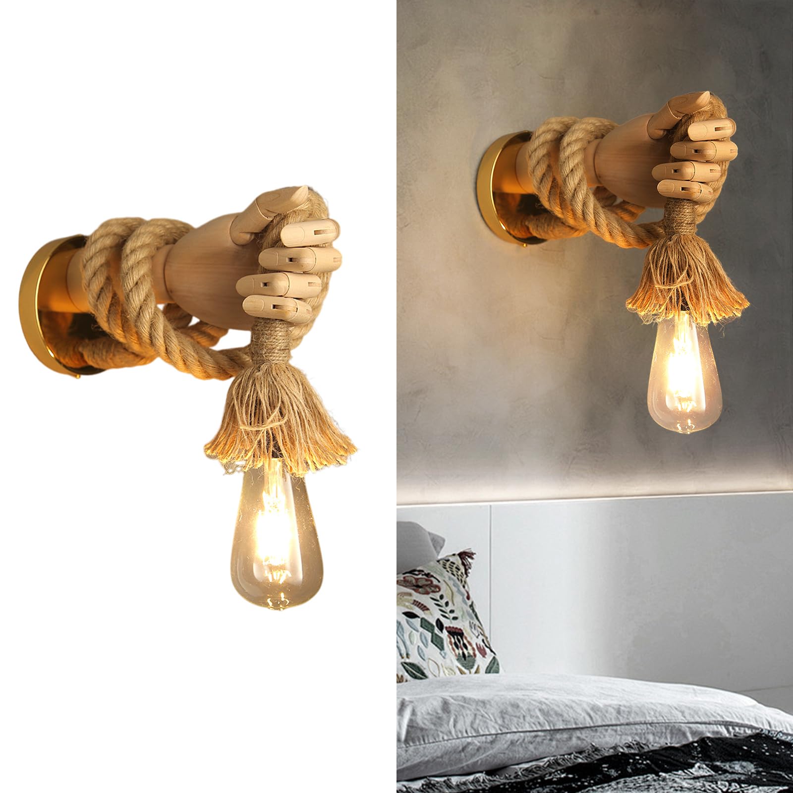 CRFASIBE Aplique de Pared de Madera, Lámpara Iluminación en Forma de Mano, E27 Rústico Lampara de Pared Cuerda de Cáñamo para Dormitorio,Salón,Pasillo (Mano Izquierda)