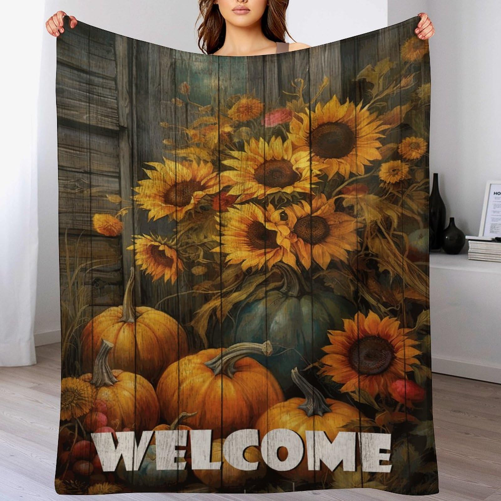 Flauschige Herbstdecke Mit Blumen & Kürbissen – Weiches Flanell – 127 X 152 Cm – Gemütlich Für Sofa & Bett