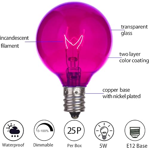 Miniatura 2 de Paquete de 25 bombillas de Navidad G40, bombillas incandescentes de vidrio rosa transparente, base de candelabro E12C7, bombillas de cadena de luces