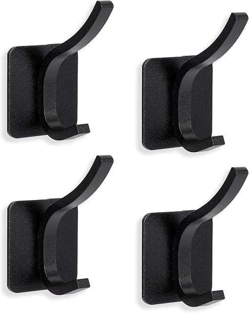 EXGOX Self Adhesive Hooks 4 Packs Towel Hooks Self Adhesive Door Hooks Aluminum Alloy Sticky Hooks for Hanging in Bathroom Kitchen Bedroom Office, No Drill Glue Needed