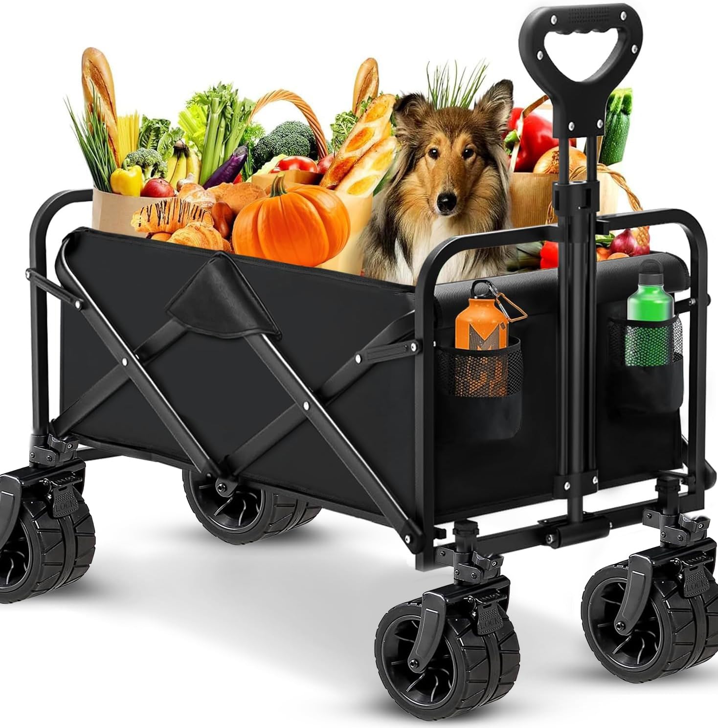150 kg Collapsible Folding Wagon,Portable Large Wagon Trolley cart, Bearing Large Capacity Beach Garden Shopping Carts & Stroller Wagon, Utility Adjustable Handle Outdoor Camping with Big Wheels